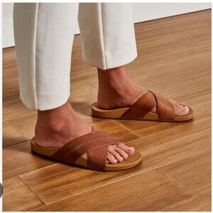 OluKai Shoes Womens 7 Brown Leather Kipe'a Olu Cross Strap Slide Sandals Slip-On
